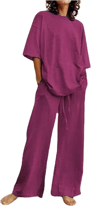 maisdgop 2 Piece Sets for Women Summer Cotton Linen Short Sleeve Trousers Outfit Casual Loose Solid Color Suits with Pockets