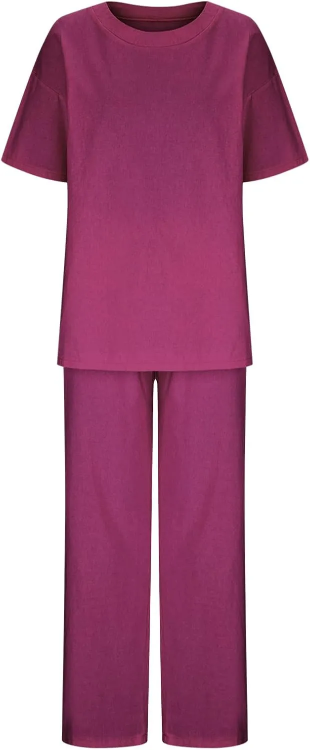 maisdgop 2 Piece Sets for Women Summer Cotton Linen Short Sleeve Trousers Outfit Casual Loose Solid Color Suits with Pockets