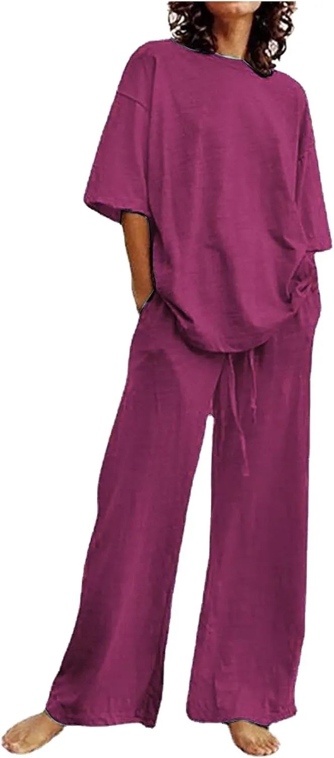 maisdgop 2 Piece Sets for Women Summer Cotton Linen Short Sleeve Trousers Outfit Casual Loose Solid Color Suits with Pockets