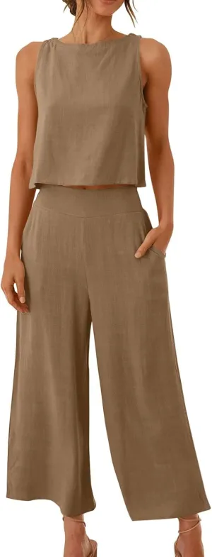 maisdgop Summer Outfits for Women Comfy Sleeveless Tank Crop Button Back Top Capri Wide Leg Pants Linen Sets with Pockets