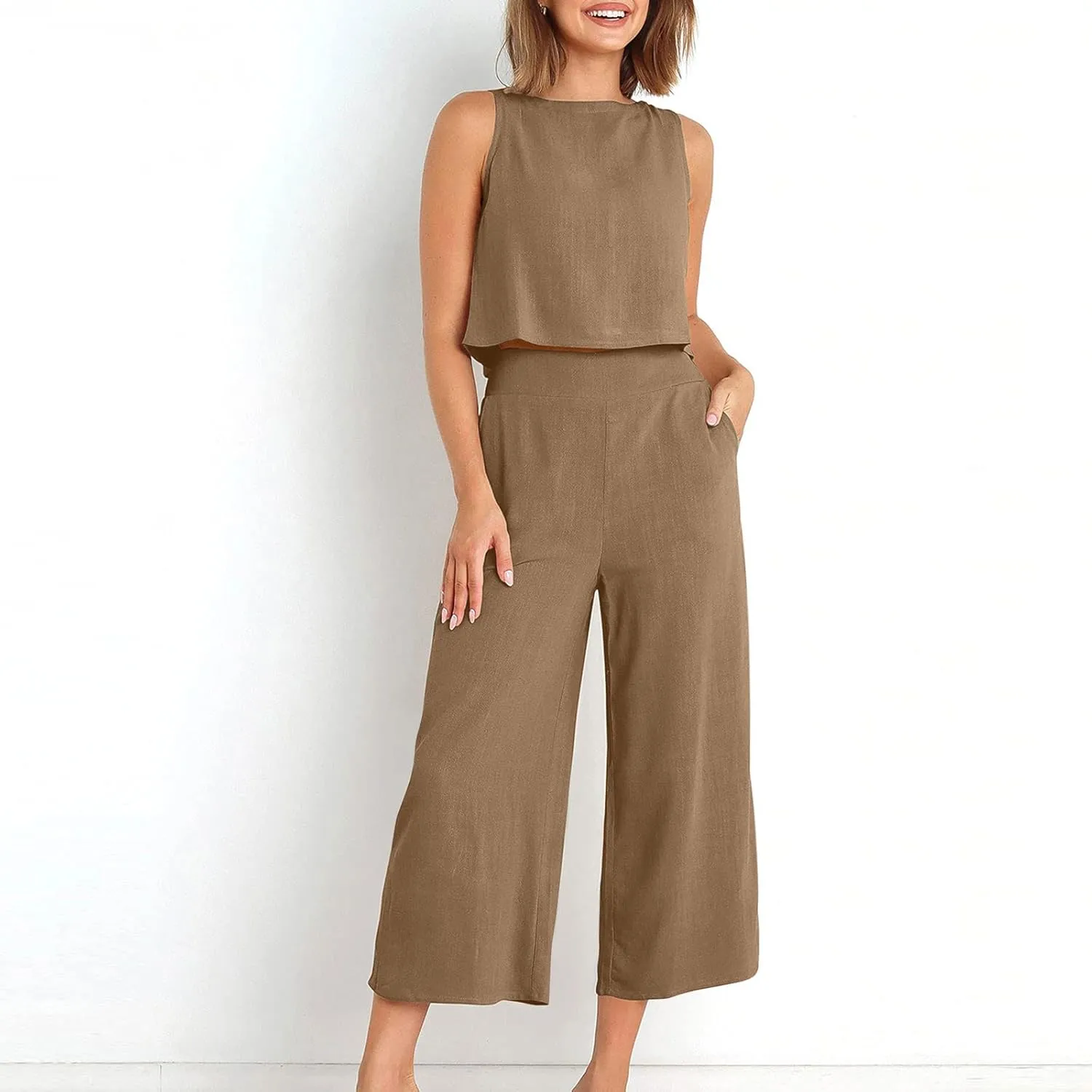 maisdgop Summer Outfits for Women Comfy Sleeveless Tank Crop Button Back Top Capri Wide Leg Pants Linen Sets with Pockets