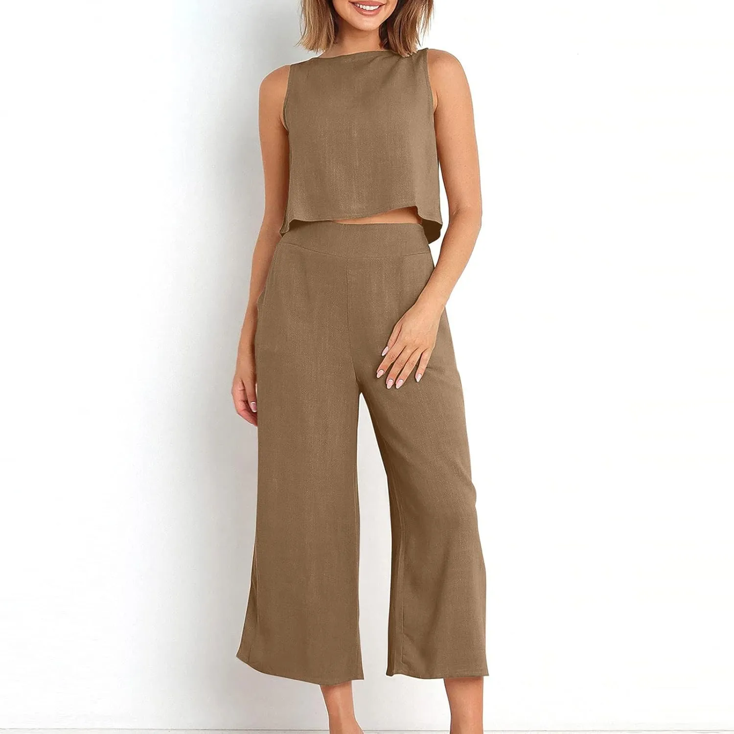 maisdgop Summer Outfits for Women Comfy Sleeveless Tank Crop Button Back Top Capri Wide Leg Pants Linen Sets with Pockets