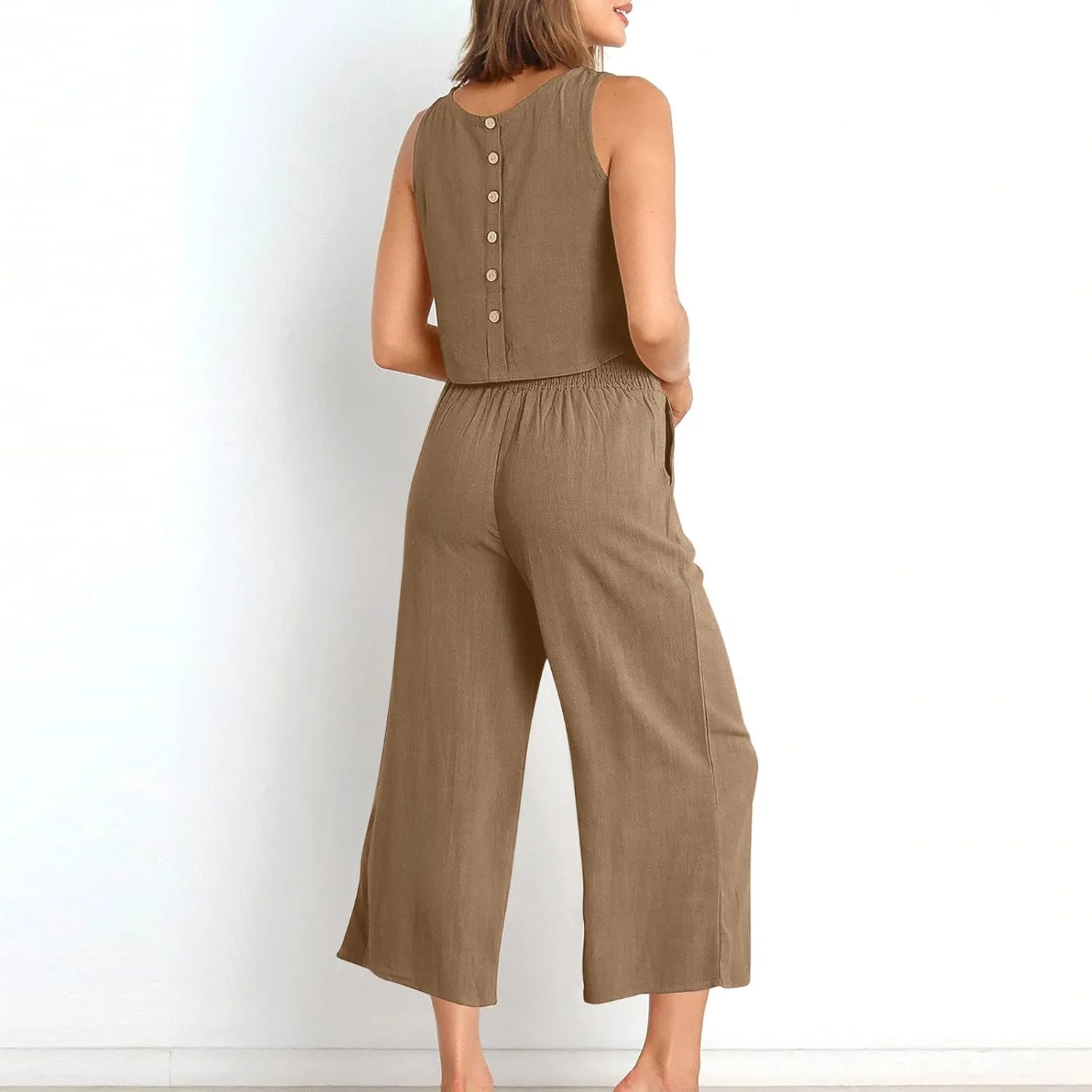 maisdgop Summer Outfits for Women Comfy Sleeveless Tank Crop Button Back Top Capri Wide Leg Pants Linen Sets with Pockets