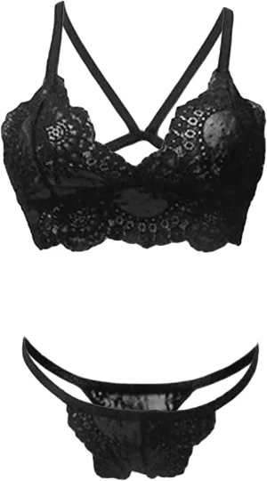 Maiyifu-GJ Women's Sexy 2 Piece Lingerie Floral Lace Halter Bra and Panty Set Strap Bralette Babydoll Underwear Sets