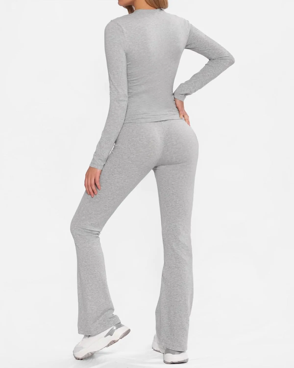 MANGOPOP 2 Piece Lounge Sets for Women Fold Over Flare Pants Long Sleeve Shirts Casual Outfits