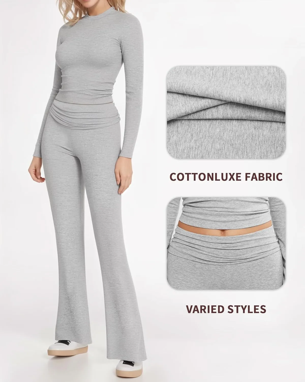 MANGOPOP 2 Piece Lounge Sets for Women Fold Over Flare Pants Long Sleeve Shirts Casual Outfits