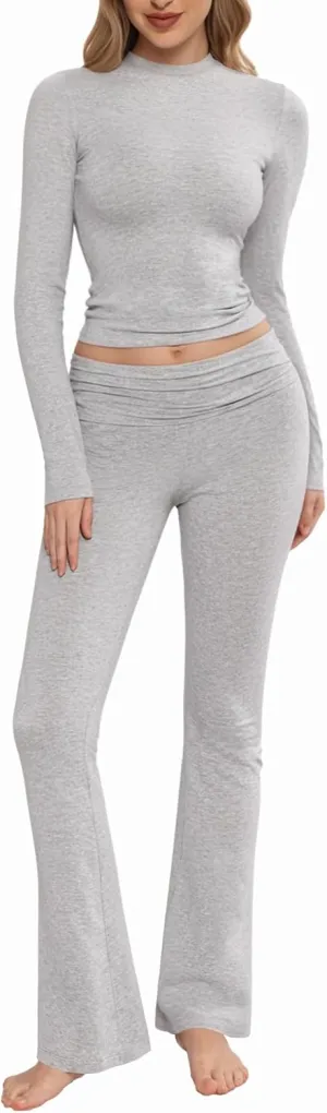 MANGOPOP 2 Piece Lounge Sets for Women Fold Over Flare Pants Long Sleeve Shirts Casual Outfits