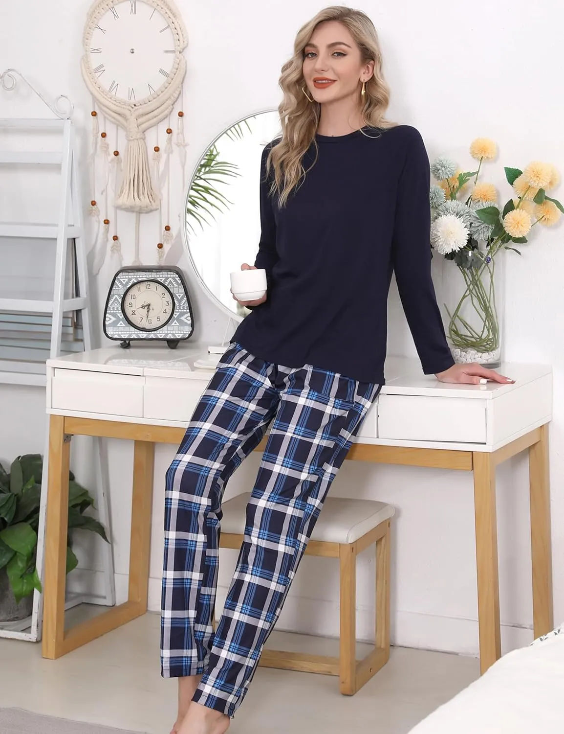Marvmys Women's Plaid Pajamas Sets Cotton 2 Piece Long Sleeve Pjs Lounge Sets with Pockets