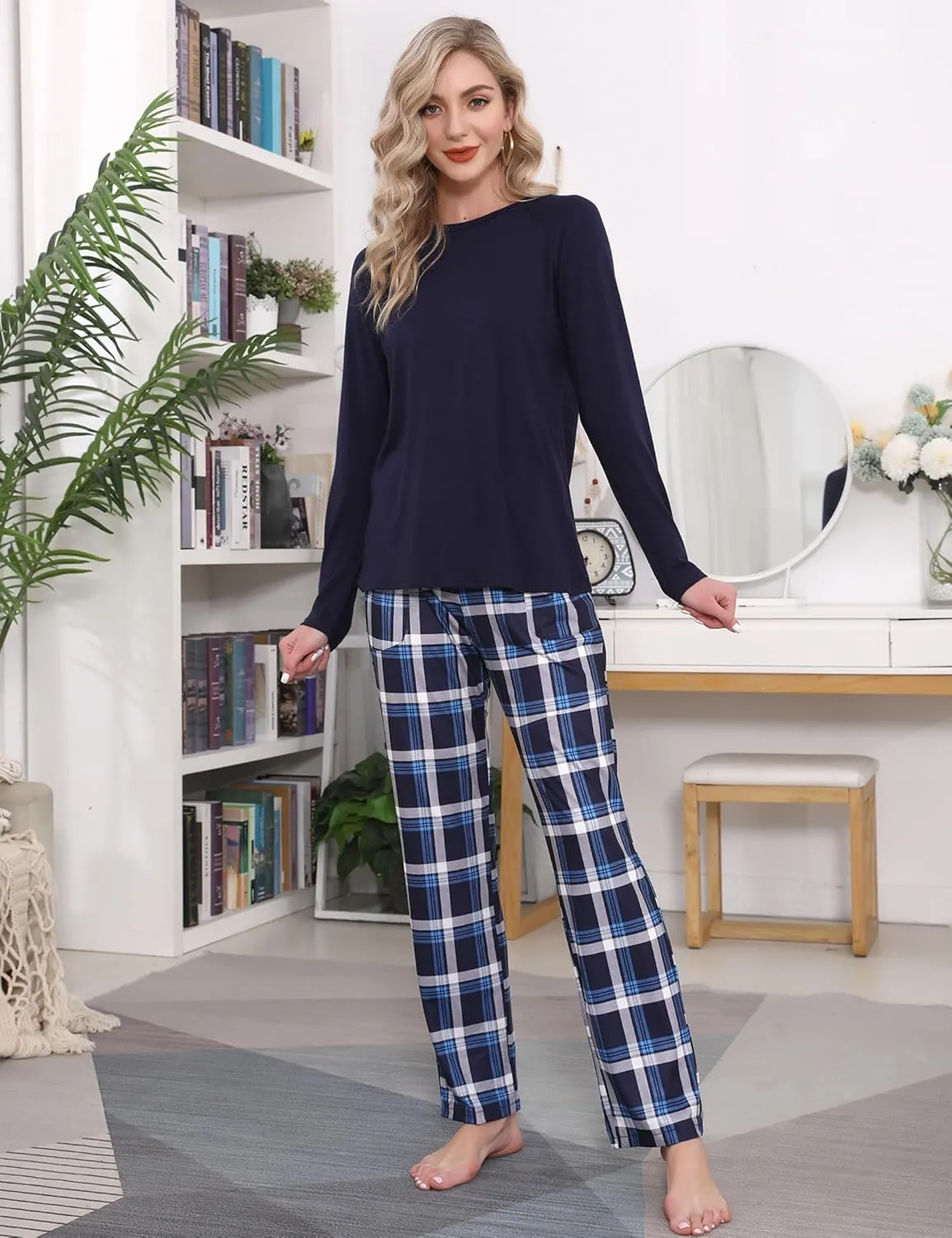 Marvmys Women's Plaid Pajamas Sets Cotton 2 Piece Long Sleeve Pjs Lounge Sets with Pockets