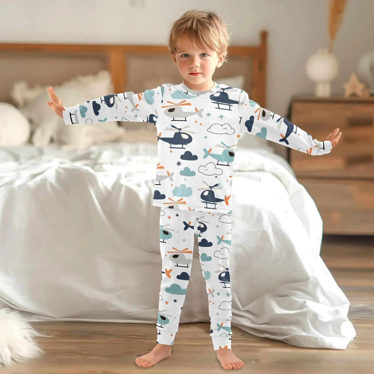 MCHIVER Cartoon Helicopters Pajamas Set 2 Piece Cotton Pjs Set Long Sleeve Sleepwear Size 18M-8Y