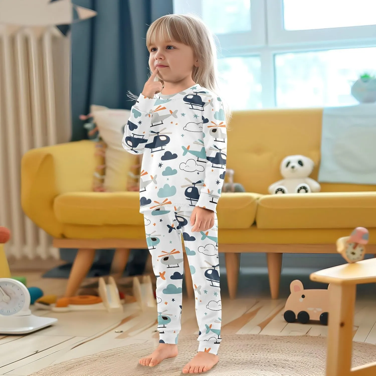 MCHIVER Cartoon Helicopters Pajamas Set 2 Piece Cotton Pjs Set Long Sleeve Sleepwear Size 18M-8Y