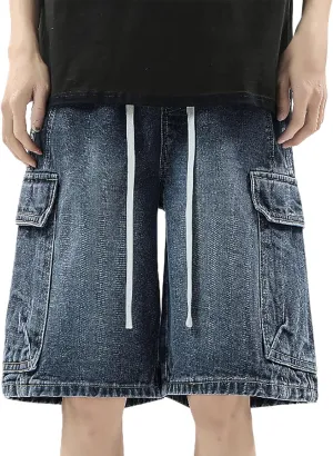 Men Baggy Jean Shorts Loose Fit Mid Denim Shorts Wide Leg Y2K Grunge Streetwear