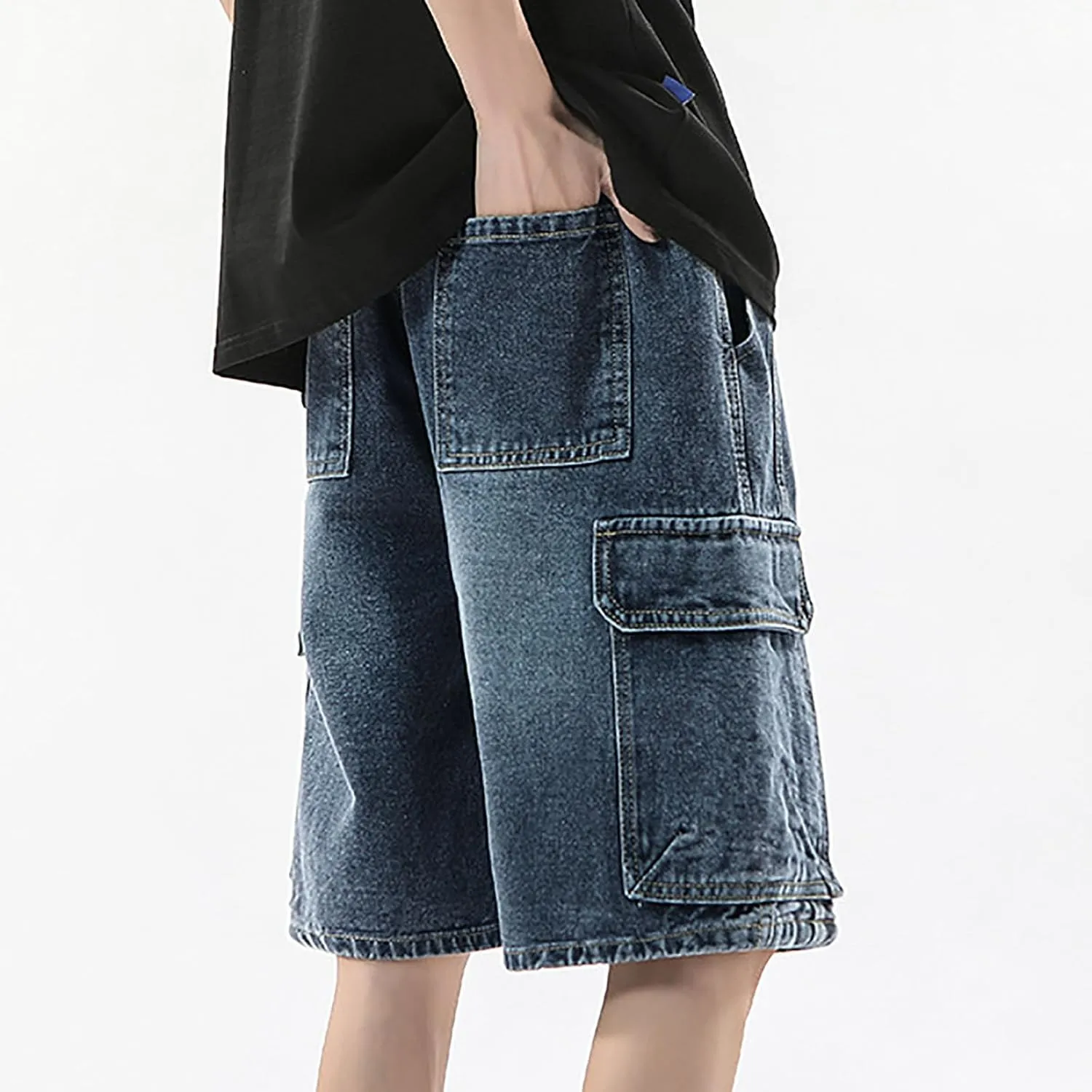 Men Baggy Jean Shorts Loose Fit Mid Denim Shorts Wide Leg Y2K Grunge Streetwear
