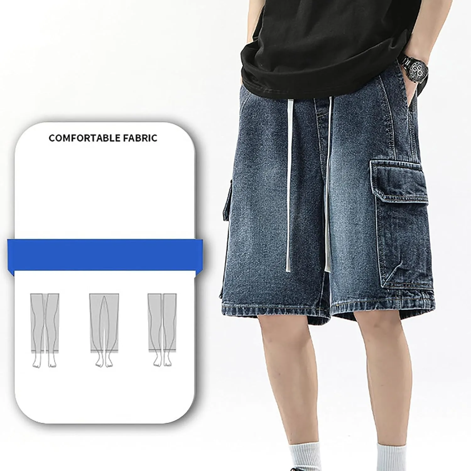 Men Baggy Jean Shorts Loose Fit Mid Denim Shorts Wide Leg Y2K Grunge Streetwear