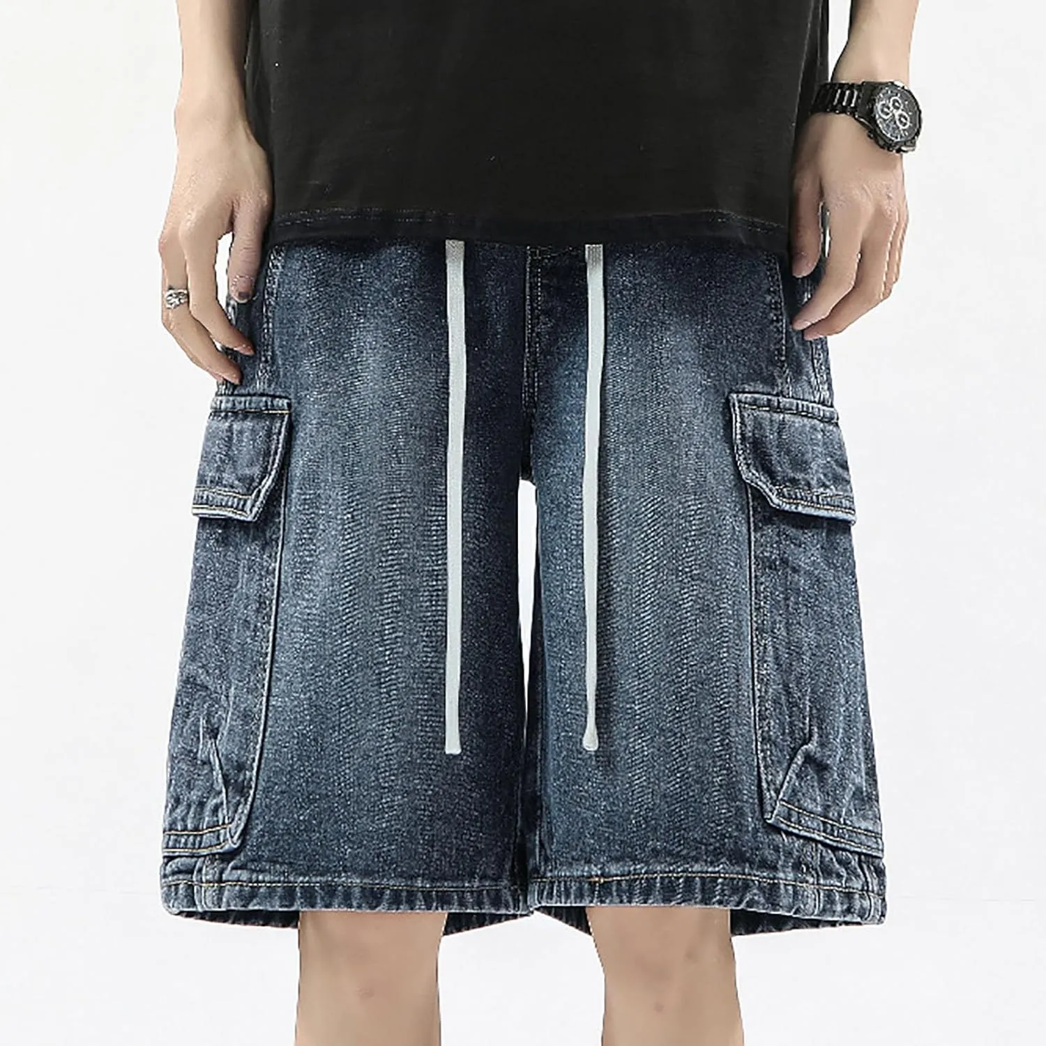 Men Baggy Jean Shorts Loose Fit Mid Denim Shorts Wide Leg Y2K Grunge Streetwear