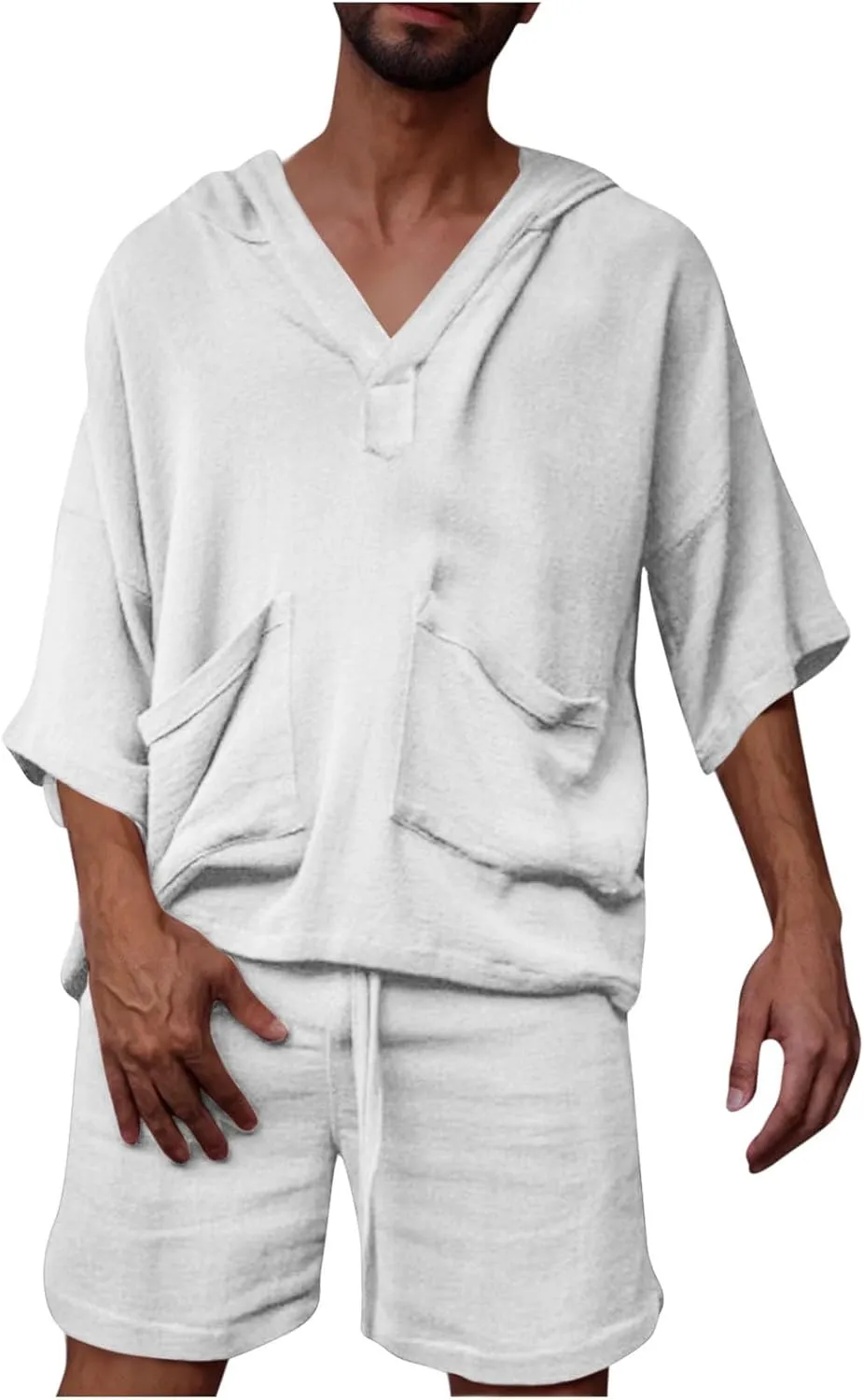 Men Hooded Lounge Sets Summer Imitation Linen 2 Piece Outfit Lightweight Short Sleeve T-Shirt Hoodies and Shorts Set