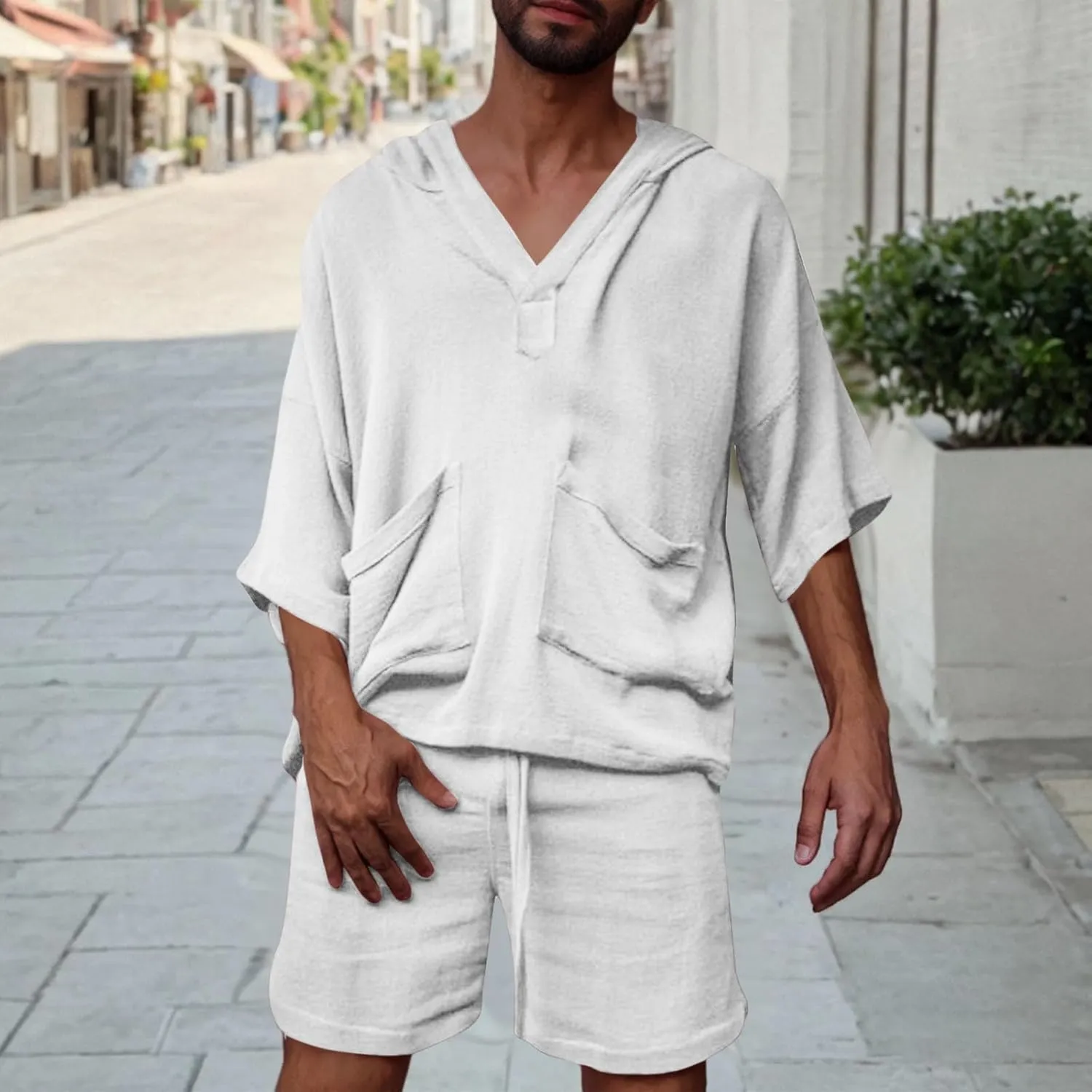 Men Hooded Lounge Sets Summer Imitation Linen 2 Piece Outfit Lightweight Short Sleeve T-Shirt Hoodies and Shorts Set