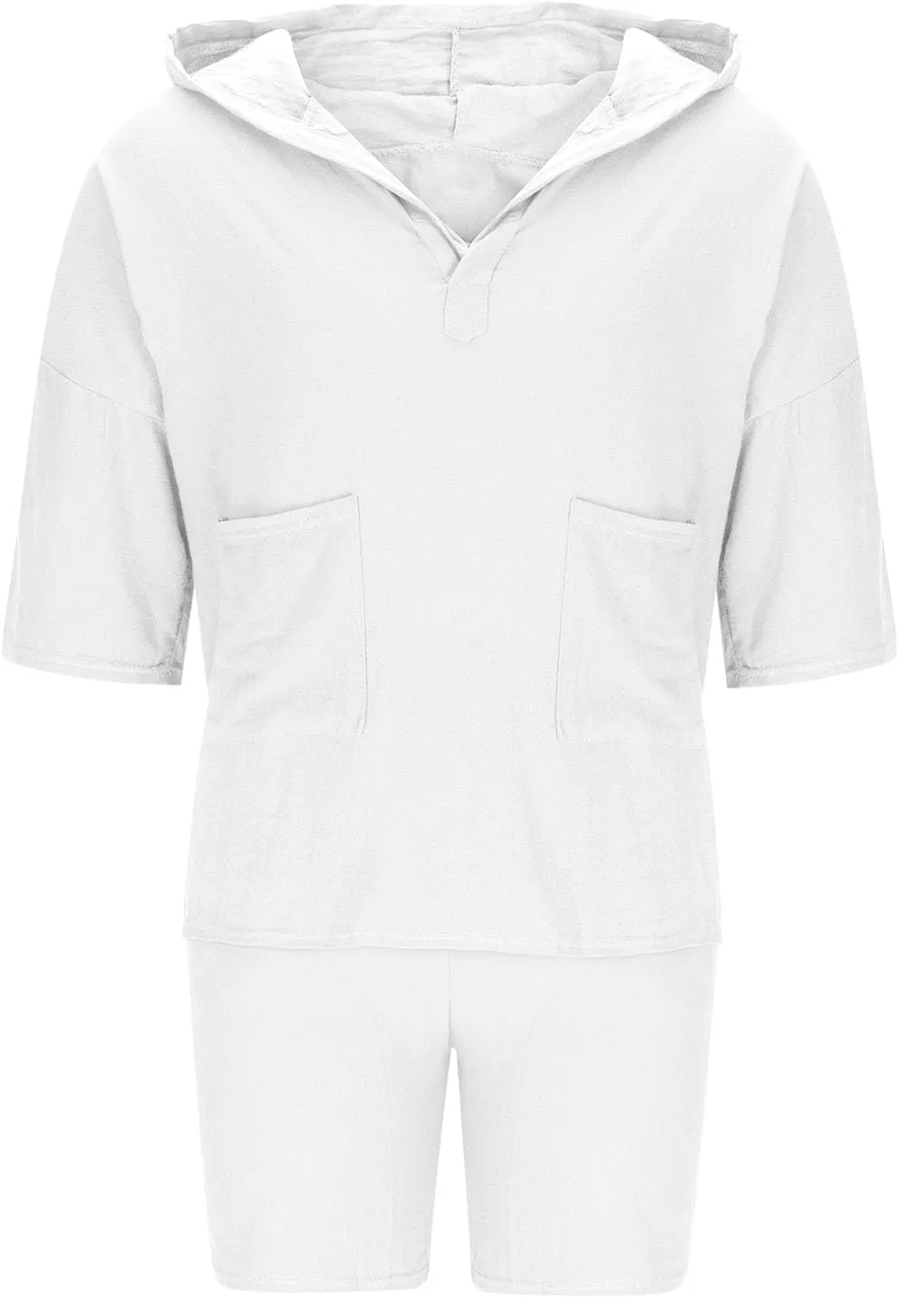 Men Hooded Lounge Sets Summer Imitation Linen 2 Piece Outfit Lightweight Short Sleeve T-Shirt Hoodies and Shorts Set