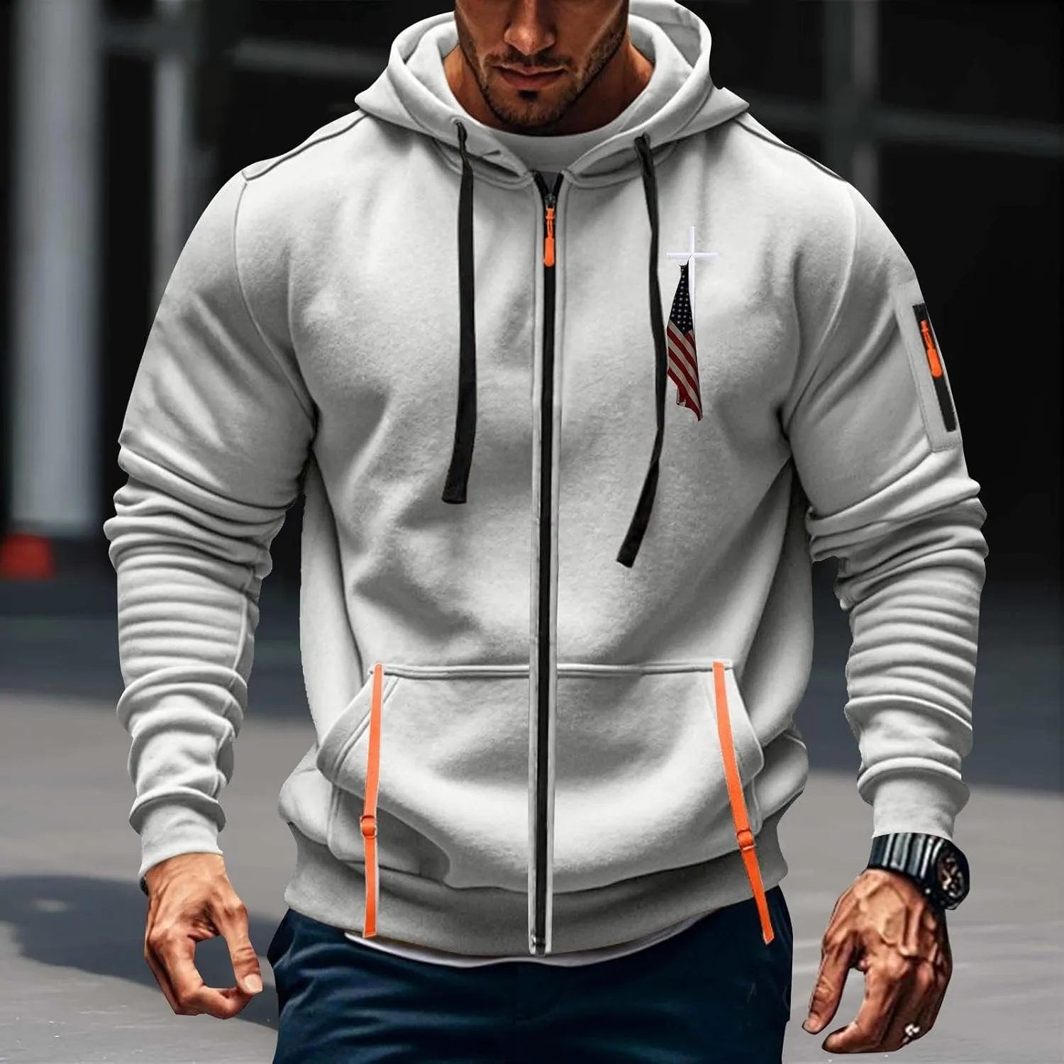 Men Zip Up American Flag Graphic Hoodie Gym Workout Shirts Long Sleeve Bodybuilding Muscle Top with Zipper Pocket