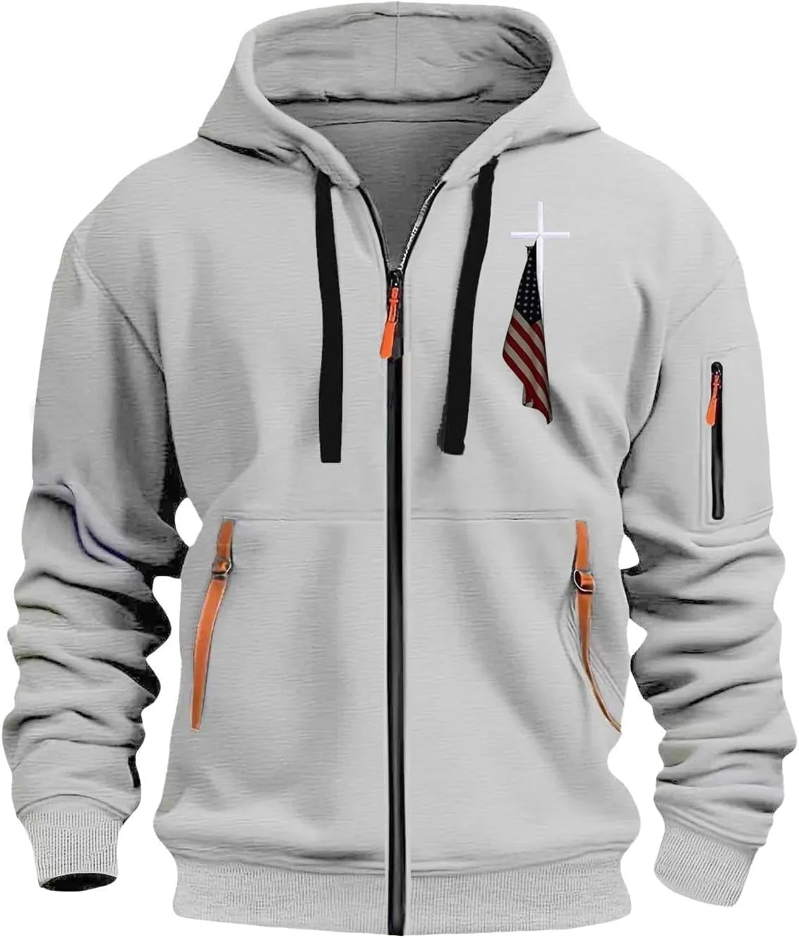 Men Zip Up American Flag Graphic Hoodie Gym Workout Shirts Long Sleeve Bodybuilding Muscle Top with Zipper Pocket