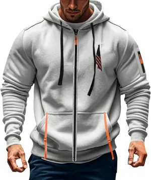 Men Zip Up American Flag Graphic Hoodie Gym Workout Shirts Long Sleeve Bodybuilding Muscle Top with Zipper Pocket
