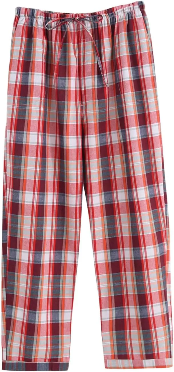 Mens Checkered Cotton Pajama Pants Elastic Waist Loose Fit Lounge Pants Fashion Comfy Homewear Trousers with Pockets