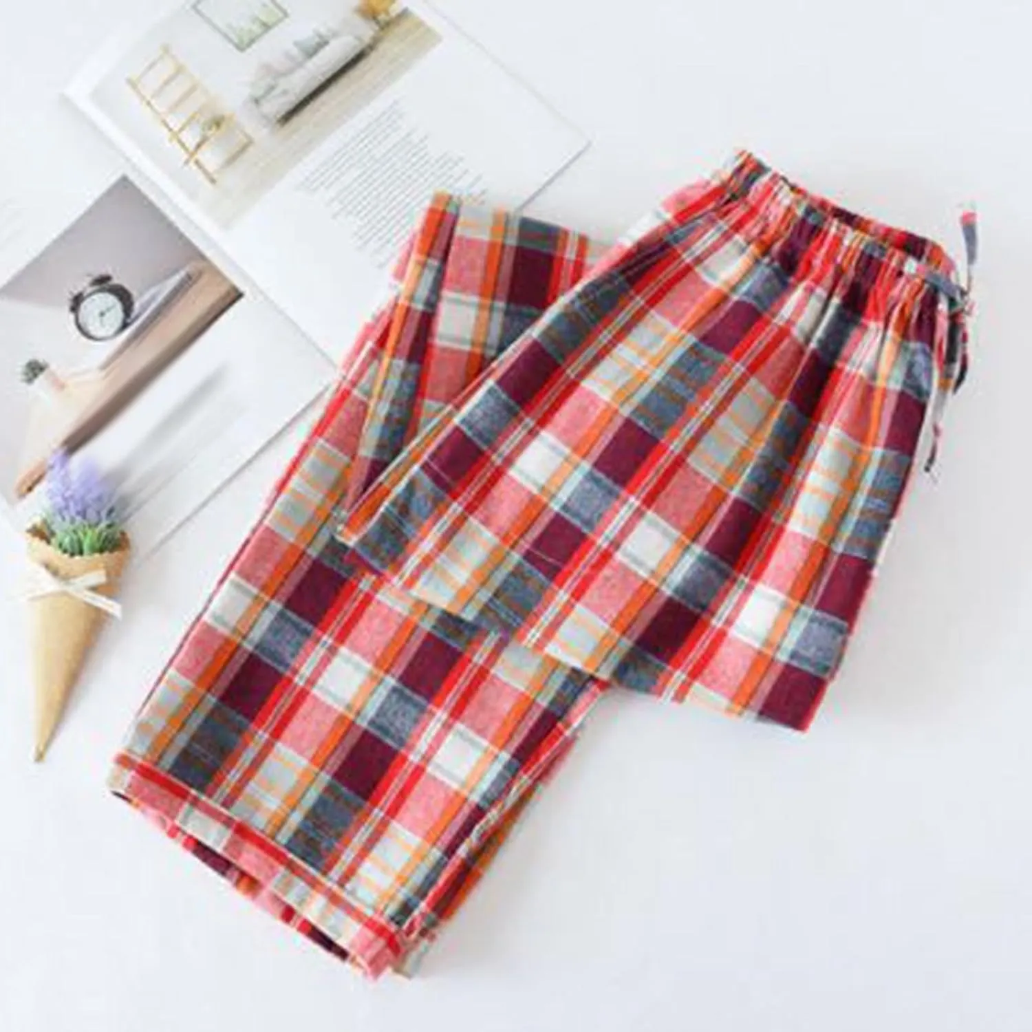 Mens Checkered Cotton Pajama Pants Elastic Waist Loose Fit Lounge Pants Fashion Comfy Homewear Trousers with Pockets