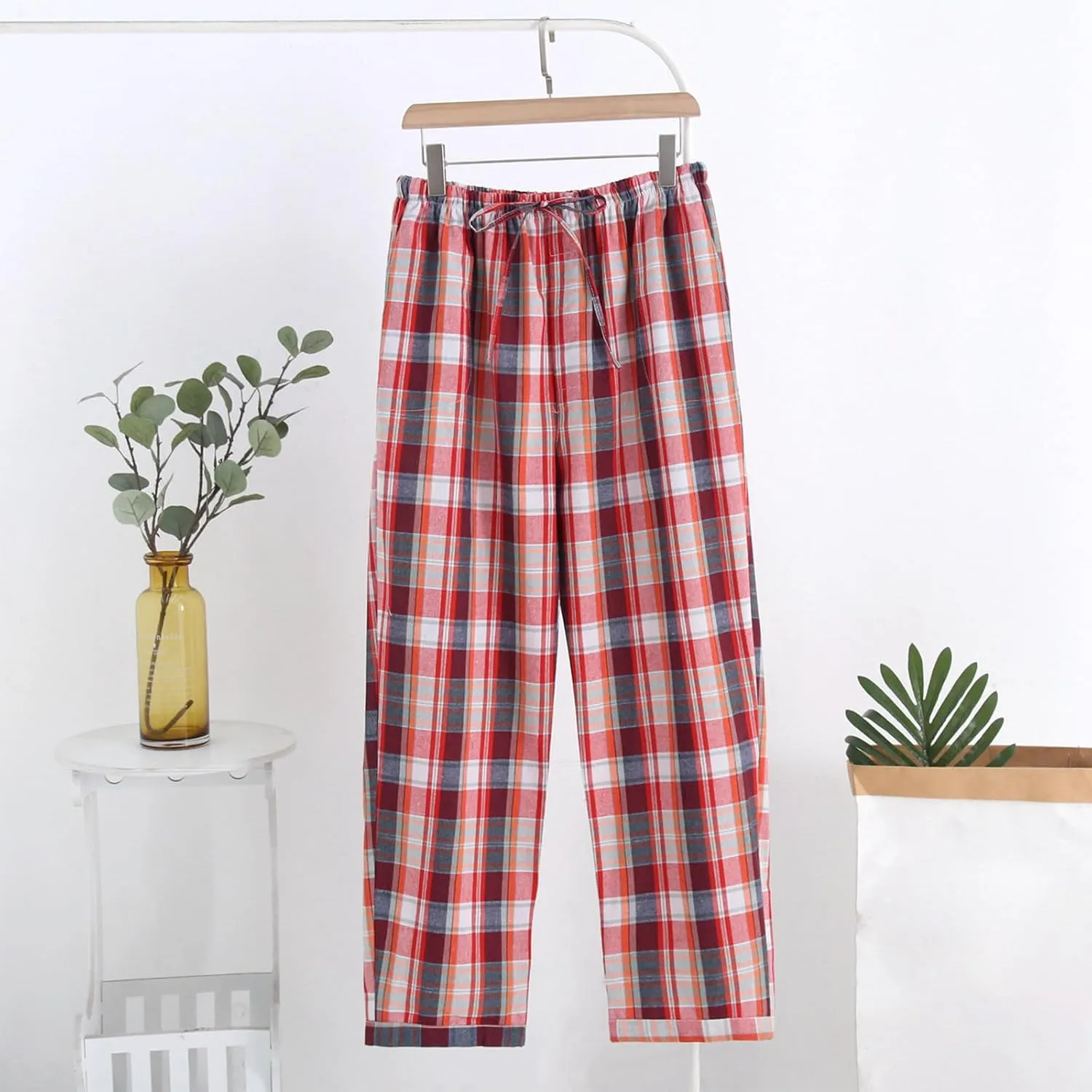 Mens Checkered Cotton Pajama Pants Elastic Waist Loose Fit Lounge Pants Fashion Comfy Homewear Trousers with Pockets
