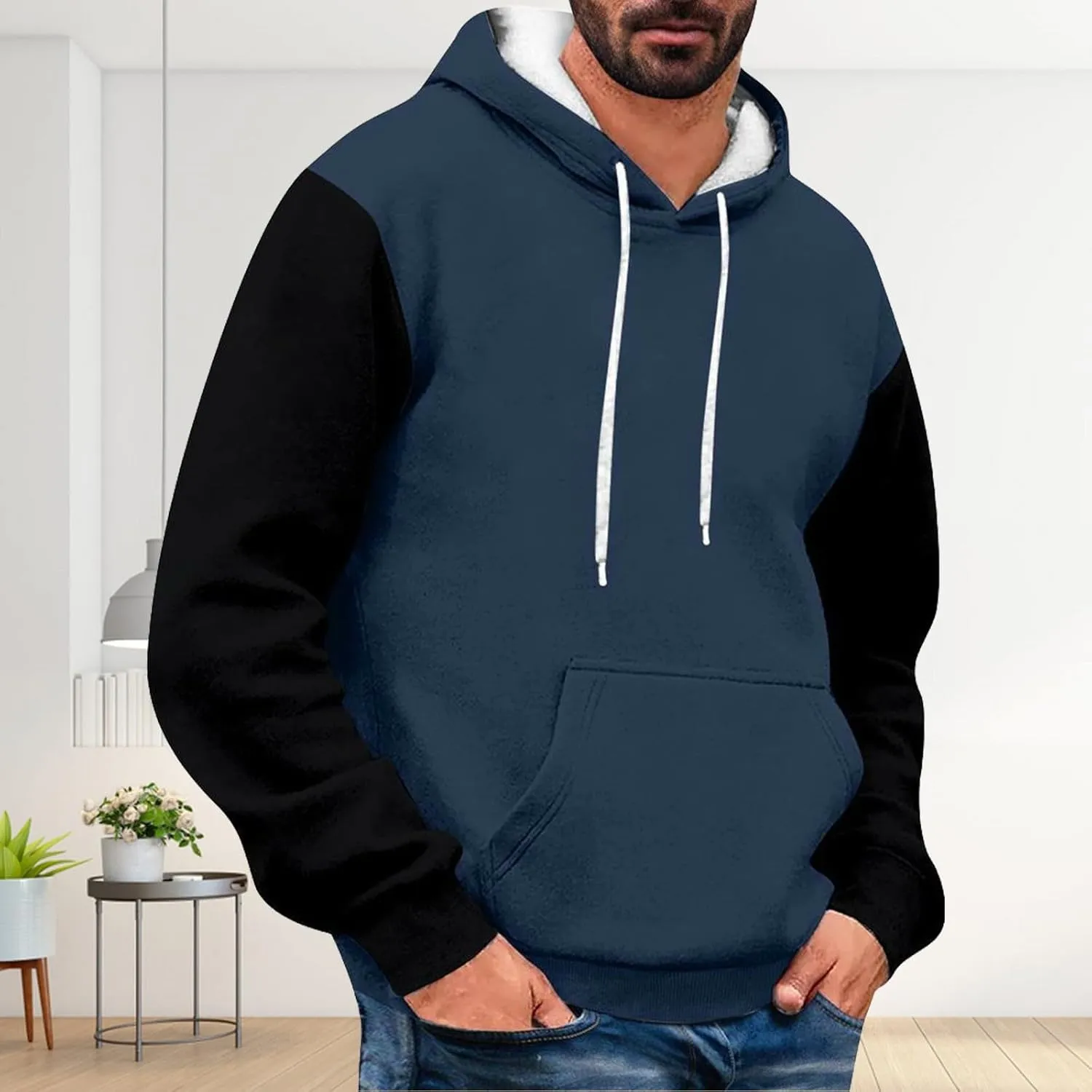 Mens Color Block Hoodies Pullover Casual Drawstring Hooded Sweatshirts Trendy Spring Shirt Long Sleeve Plus Size Tops