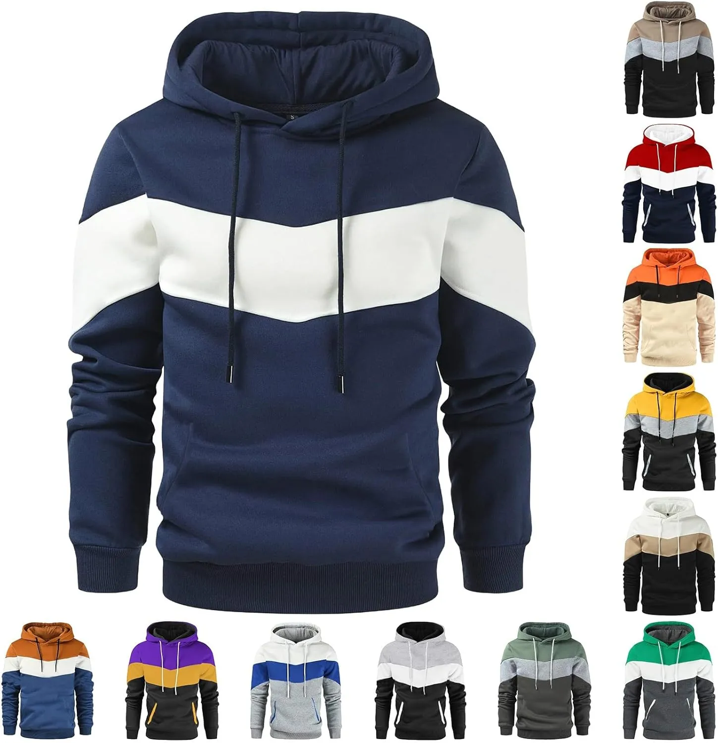 Mens Color Block Hoodies Pullover Drawstring Hooded Sweatshirts Gym Athletic Spring Shirt Long Sleeve Fashion Tops