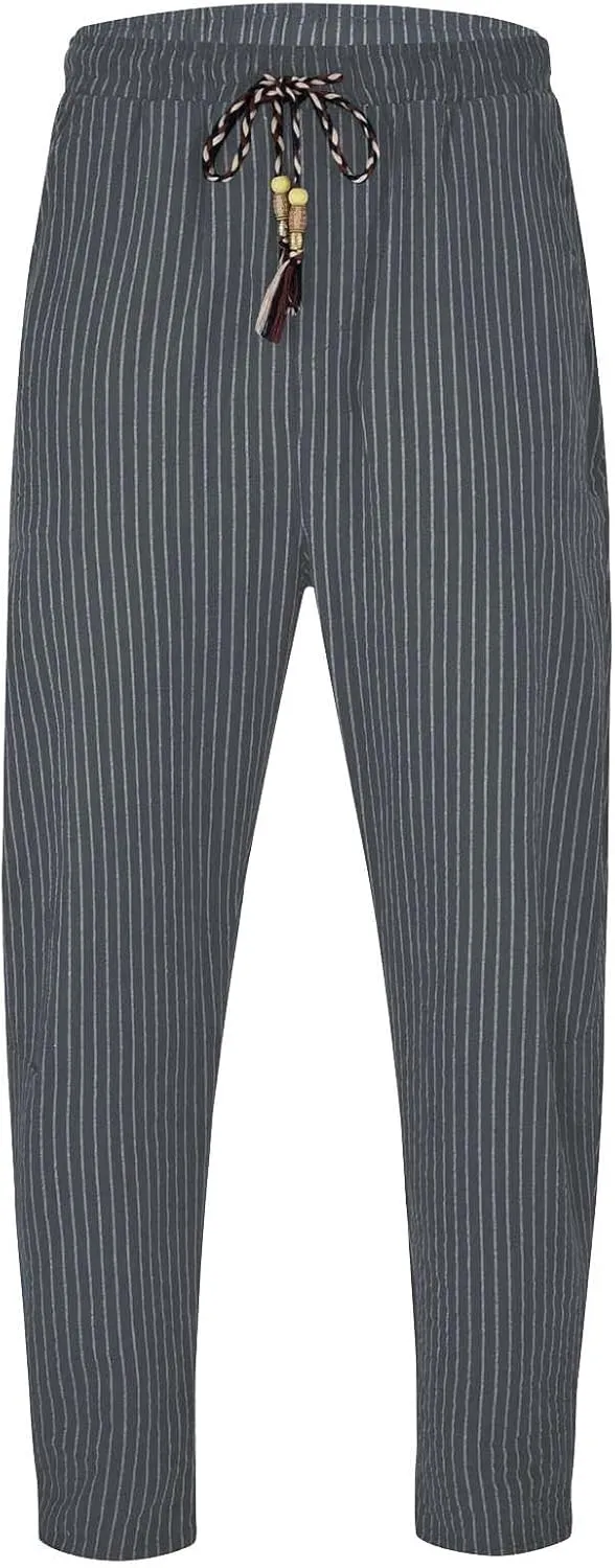 Mens Cotton Linen Striped Pants Casual Drawstring Elastic Waist Pleated Straight Leg Joggers Beach Hippie Harem Yoga Trousers