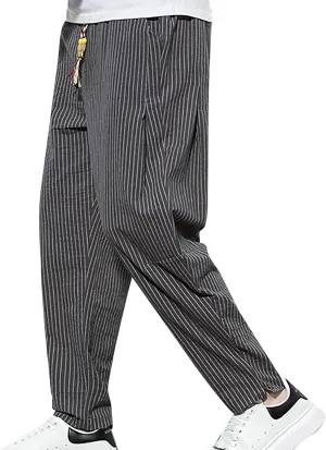 Mens Cotton Linen Striped Pants Casual Drawstring Elastic Waist Pleated Straight Leg Joggers Beach Hippie Harem Yoga Trousers