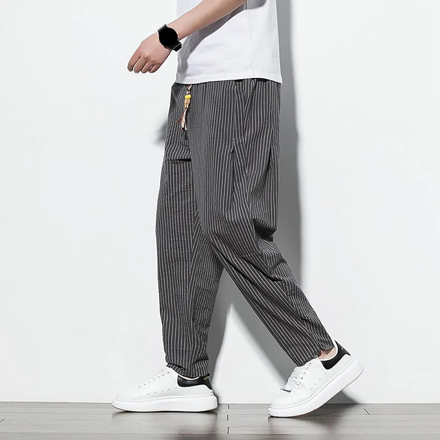 Mens Cotton Linen Striped Pants Casual Drawstring Elastic Waist Pleated Straight Leg Joggers Beach Hippie Harem Yoga Trousers