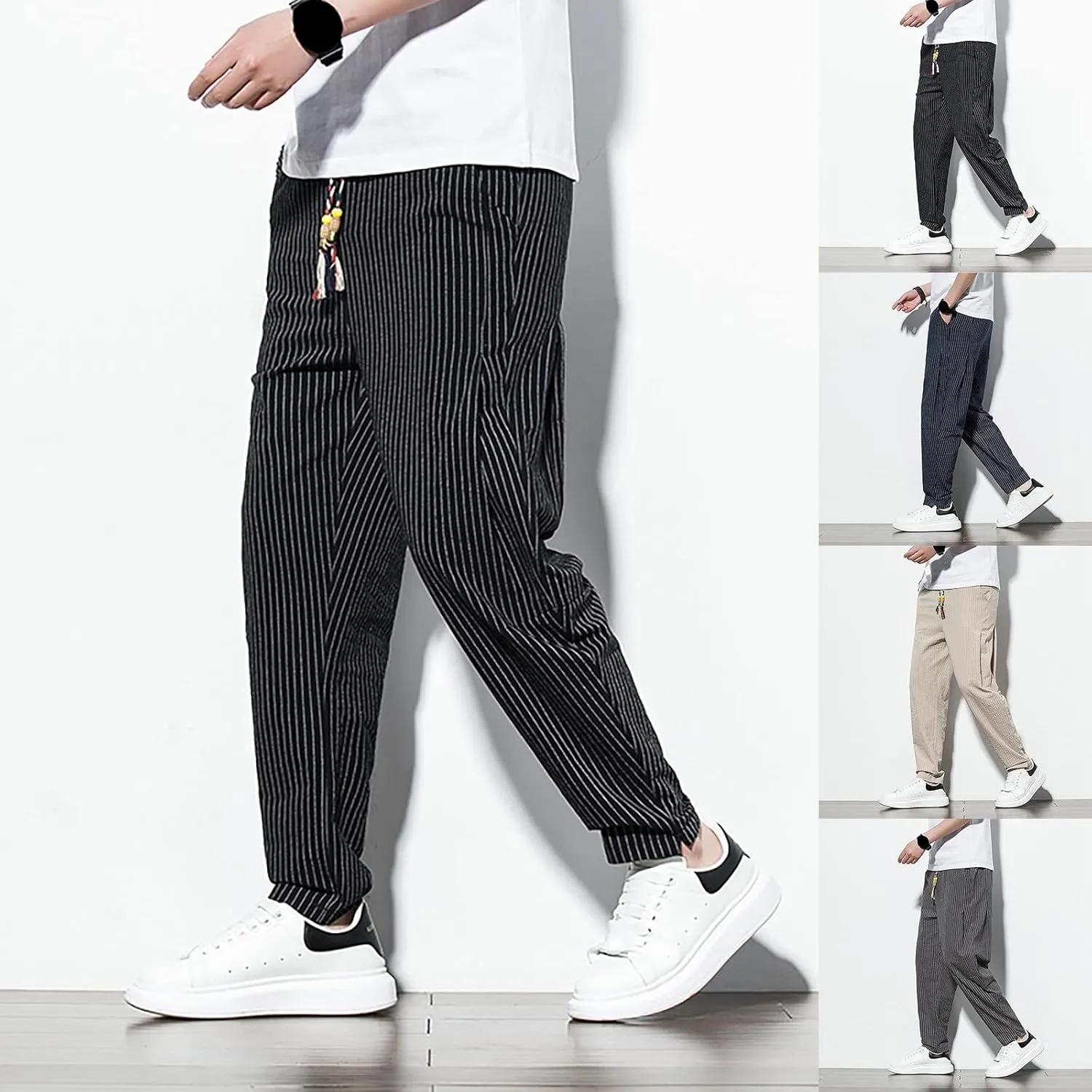 Mens Cotton Linen Striped Pants Casual Drawstring Elastic Waist Pleated Straight Leg Joggers Beach Hippie Harem Yoga Trousers