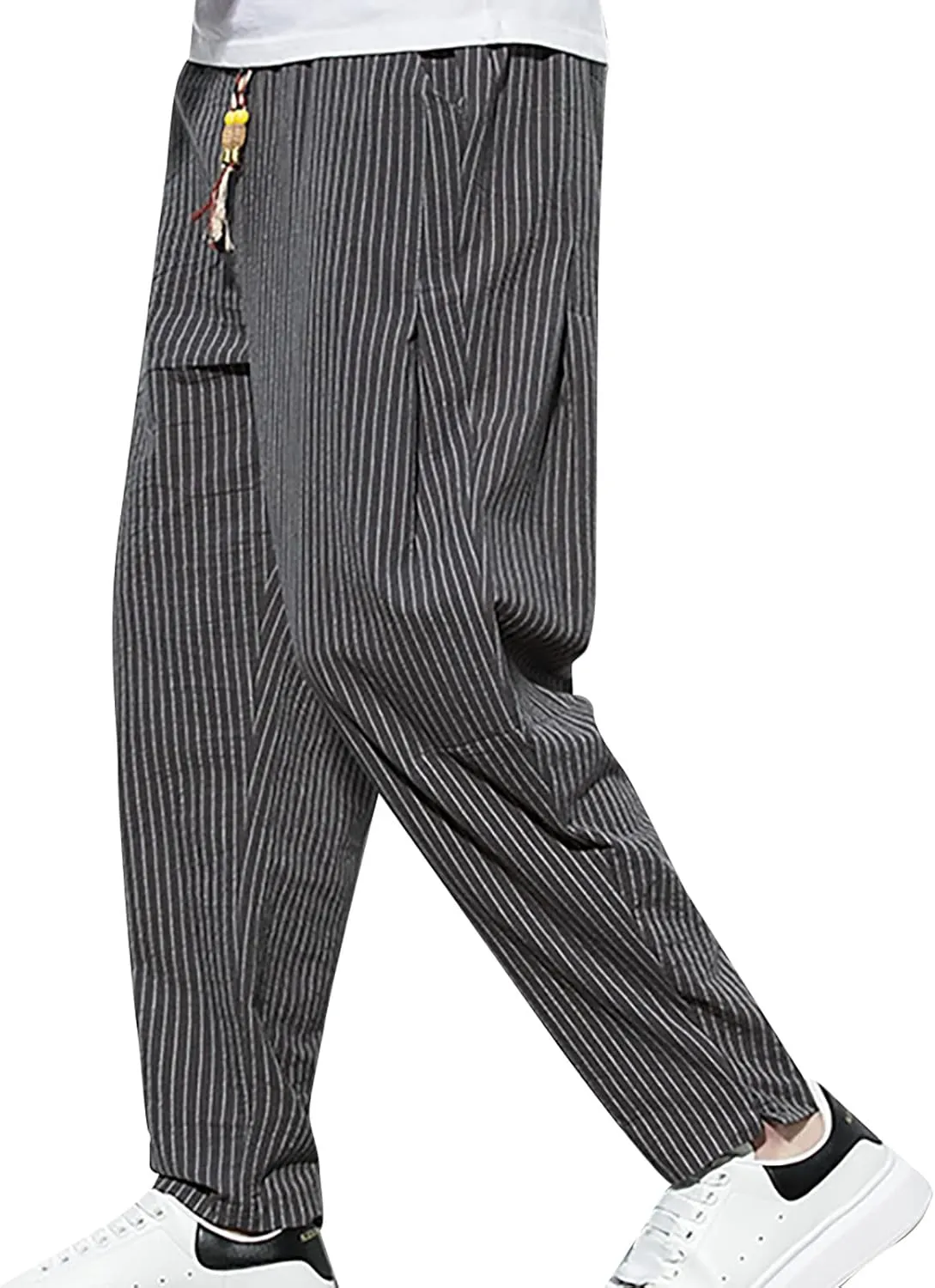 Mens Cotton Linen Striped Pants Casual Drawstring Elastic Waist Pleated Straight Leg Joggers Beach Hippie Harem Yoga Trousers