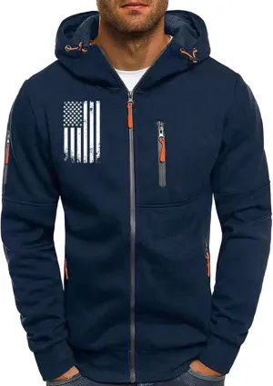 Mens Graphic Hoodies Zip Up USA Flag Hooded Sweatshirts Casual Trendy Patriotic Spring Shirt Long Sleeve Fashion Tops