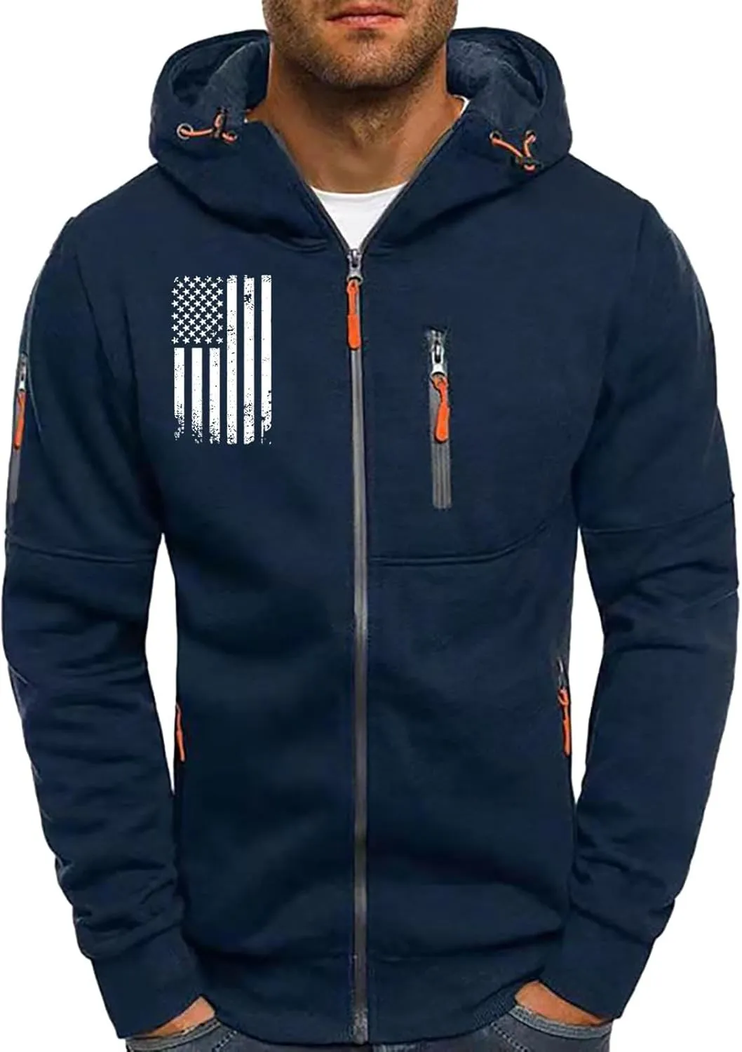 Mens Graphic Hoodies Zip Up USA Flag Hooded Sweatshirts Casual Trendy Patriotic Spring Shirt Long Sleeve Fashion Tops