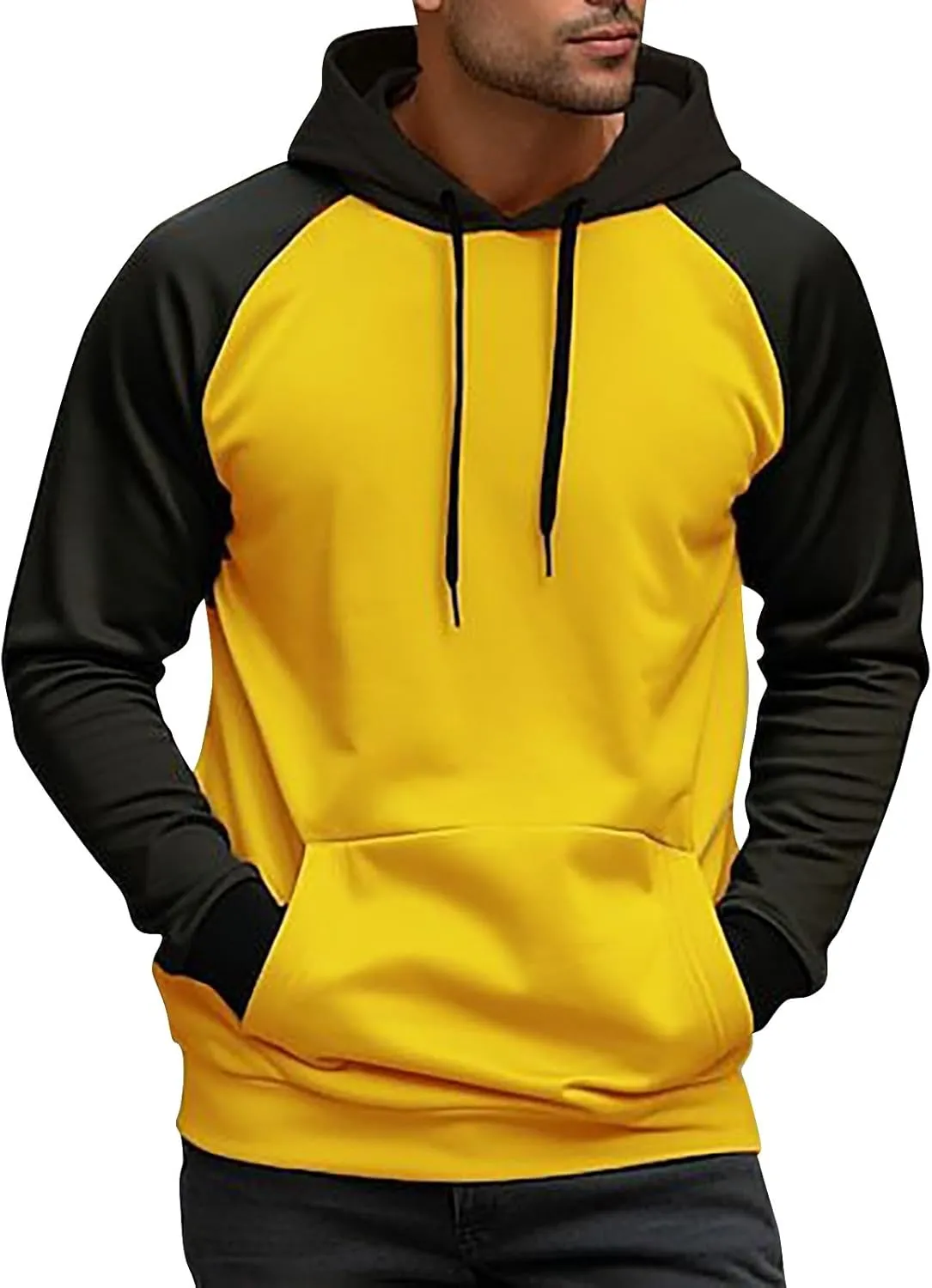 Mens Hooded Sweatshirts Long Sleeve Pullover Patchwork Hoodie Casual Drawstring Baseball Hoodie Color Block Fall Tops