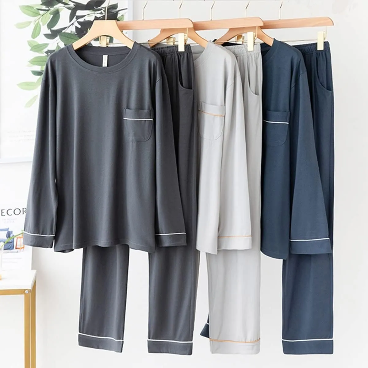 Men's Modal Sleepwear, 2pcs Pajamas Sets Nightwear T-Shirt   Lounge Pants, Plus Size Home Wear, for All Seasons (Color : A, Size : Large)