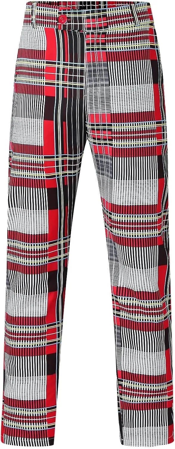 Men's Plaid Slim Fit Dress Pants Stretch Flat-Front Business Casual Pants Skinny Elastic Expandable-Waist Chinos Trousers Red