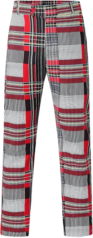 Men's Plaid Slim Fit Dress Pants Stretch Flat-Front Business Casual Pants Skinny Elastic Expandable-Waist Chinos Trousers Red