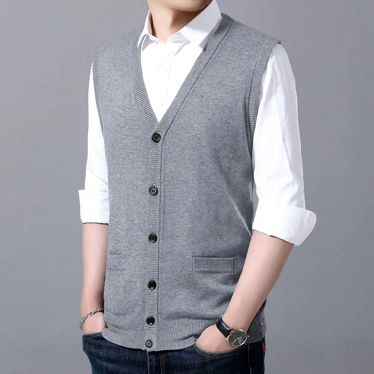Men's Sleeveless Sweater Vest Button Down Knitted Lightweight Comfort V-Neck Cotton Solid Color Vest Pullover