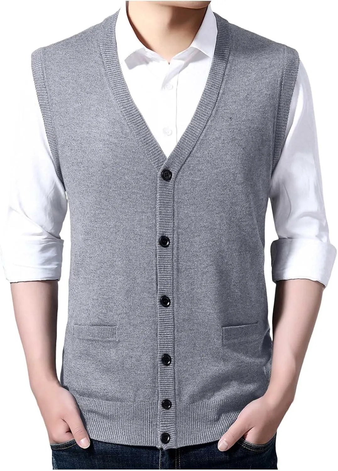 Men's Sleeveless Sweater Vest Button Down Knitted Lightweight Comfort V-Neck Cotton Solid Color Vest Pullover