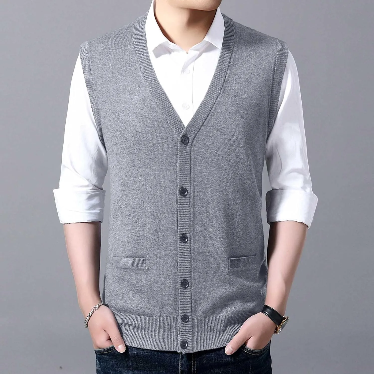 Men's Sleeveless Sweater Vest Button Down Knitted Lightweight Comfort V-Neck Cotton Solid Color Vest Pullover