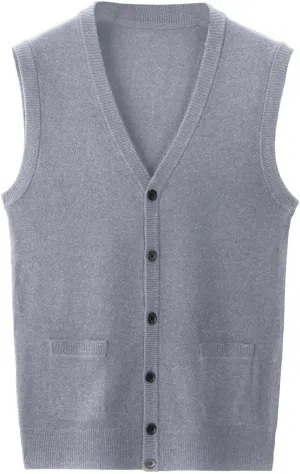 Men's Sleeveless Sweater Vest Button Down Knitted Lightweight Comfort V-Neck Cotton Solid Color Vest Pullover
