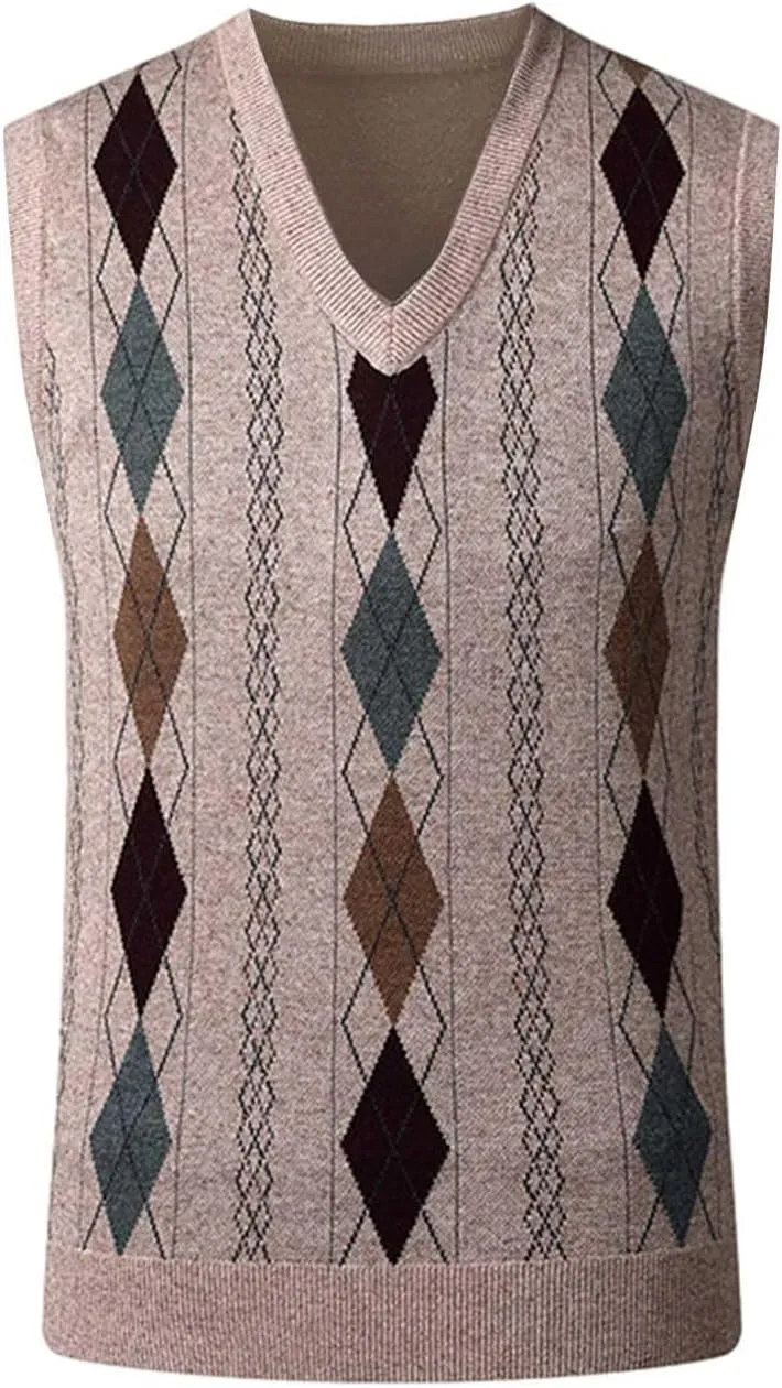 Men's Sweater Vests Argyle Plaid Knitted Business Casual Pullover Sweater V Neck Sleeveless Comfy Trendy Jumper Tops