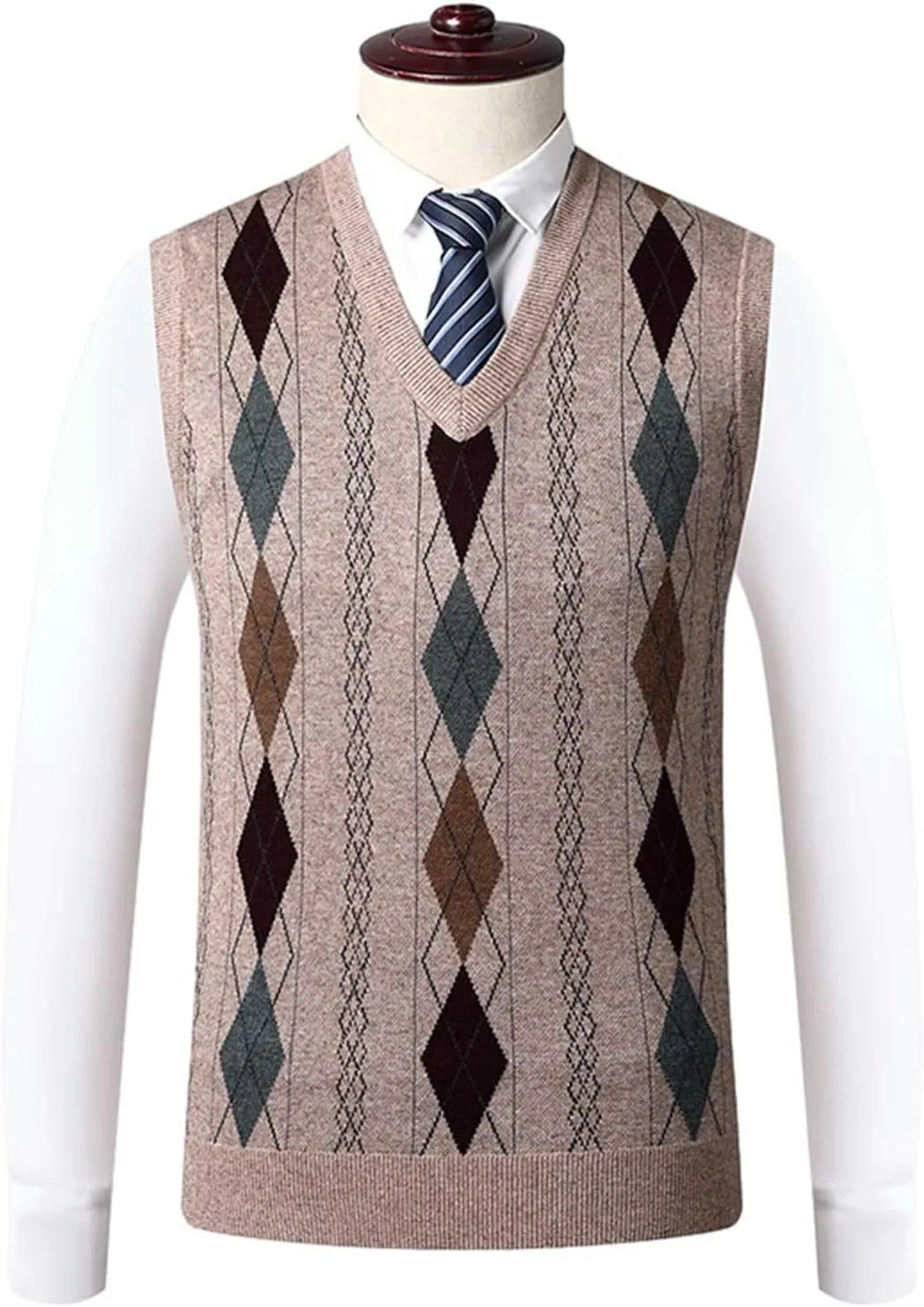 Men's Sweater Vests Argyle Plaid Knitted Business Casual Pullover Sweater V Neck Sleeveless Comfy Trendy Jumper Tops