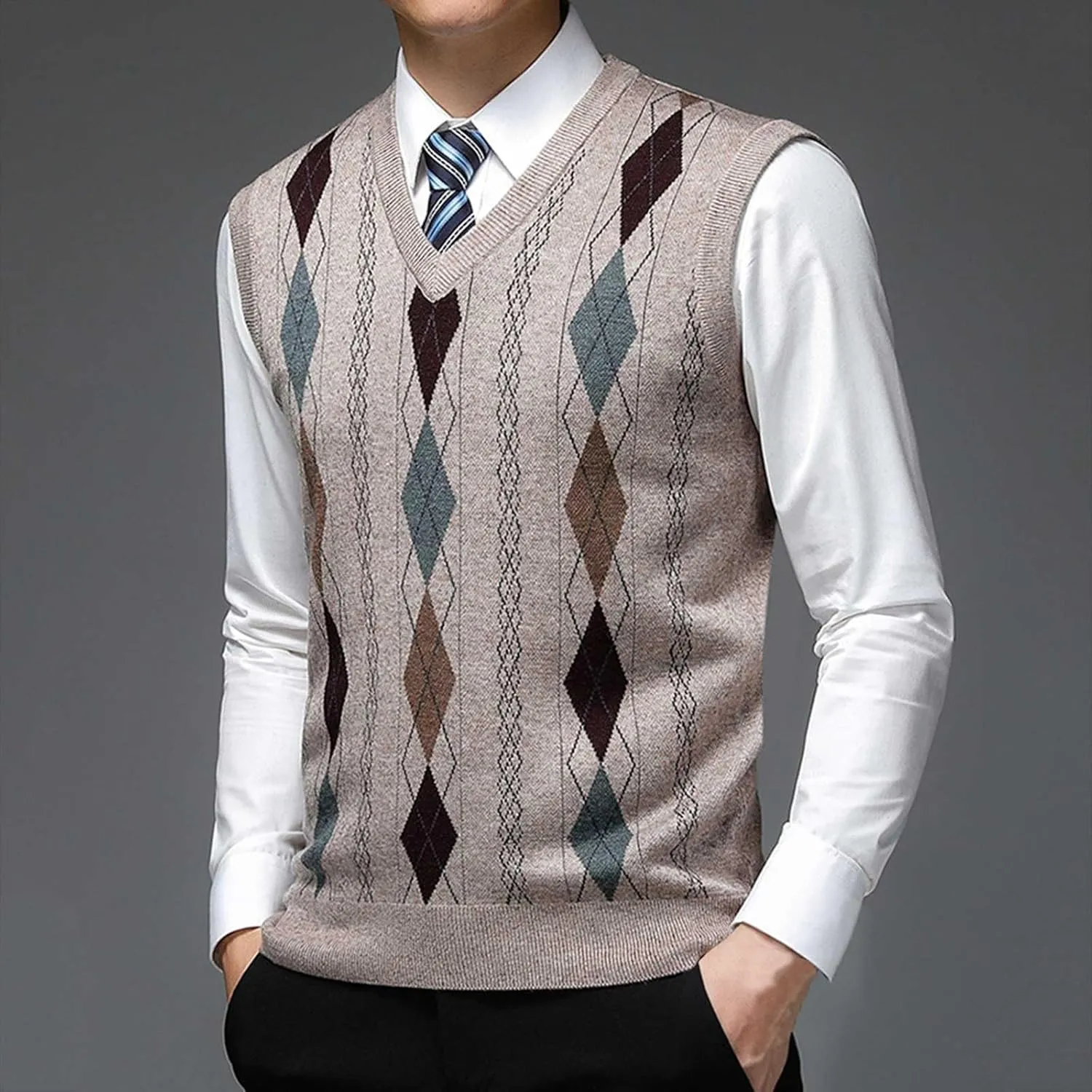 Men's Sweater Vests Argyle Plaid Knitted Business Casual Pullover Sweater V Neck Sleeveless Comfy Trendy Jumper Tops