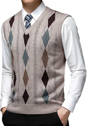 Men's Sweater Vests Argyle Plaid Knitted Business Casual Pullover Sweater V Neck Sleeveless Comfy Trendy Jumper Tops