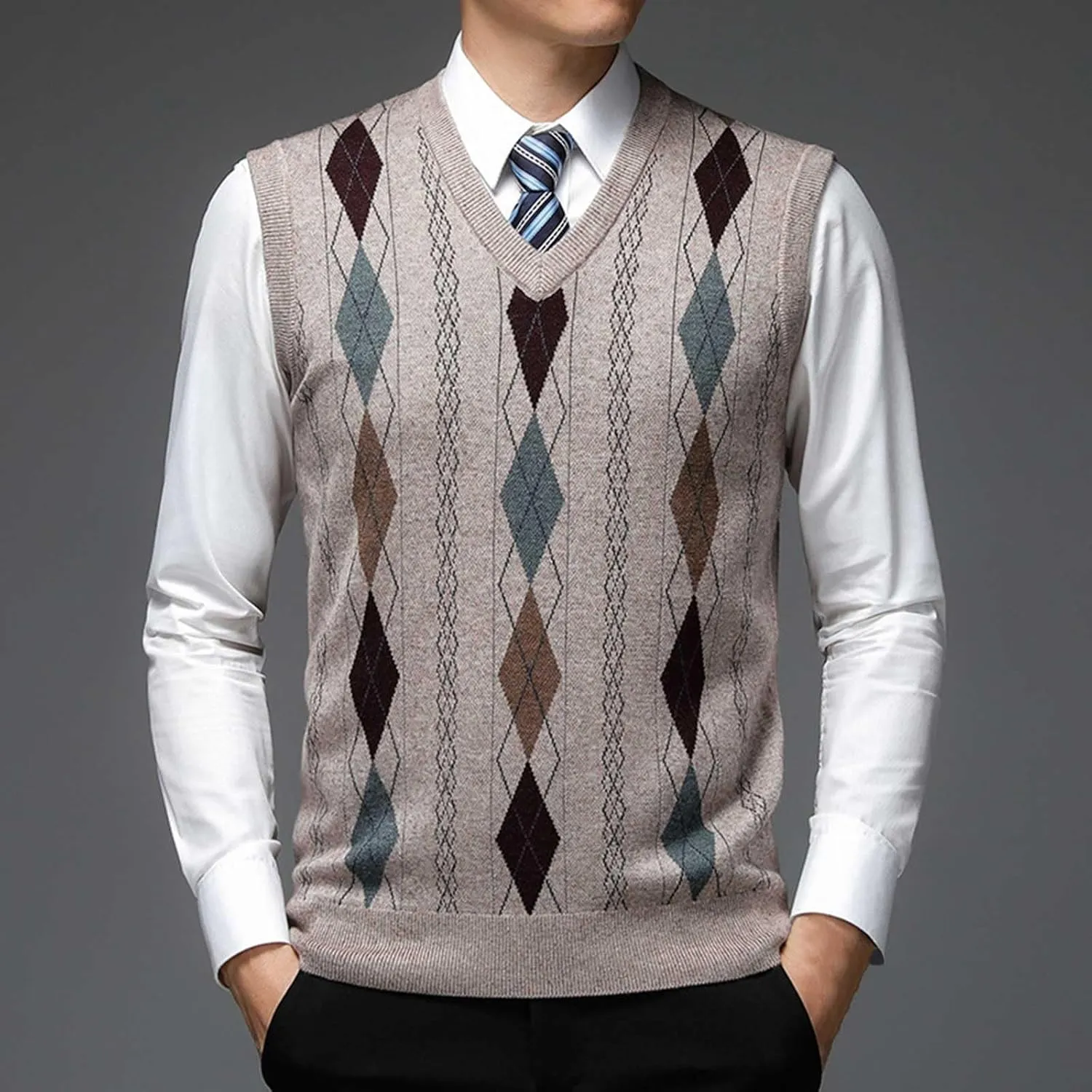 Men's Sweater Vests Argyle Plaid Knitted Business Casual Pullover Sweater V Neck Sleeveless Comfy Trendy Jumper Tops